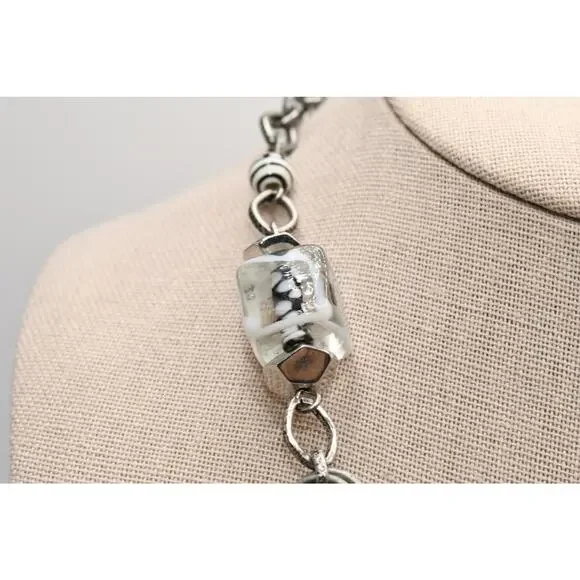 Chico's Statement Necklace Black White Lucite Wood Ring Silver Tone - Picture 5 of 11